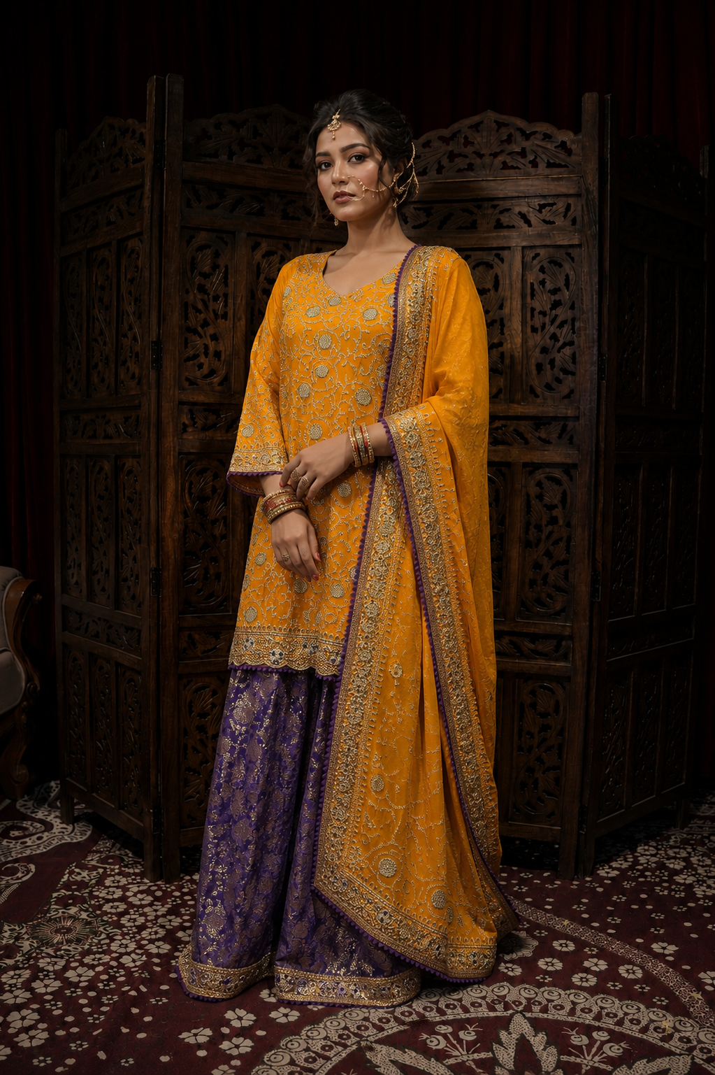 Mustard Yellow Embroidered Sharara Set with Purple Palazzo & Dupatta (Rental)