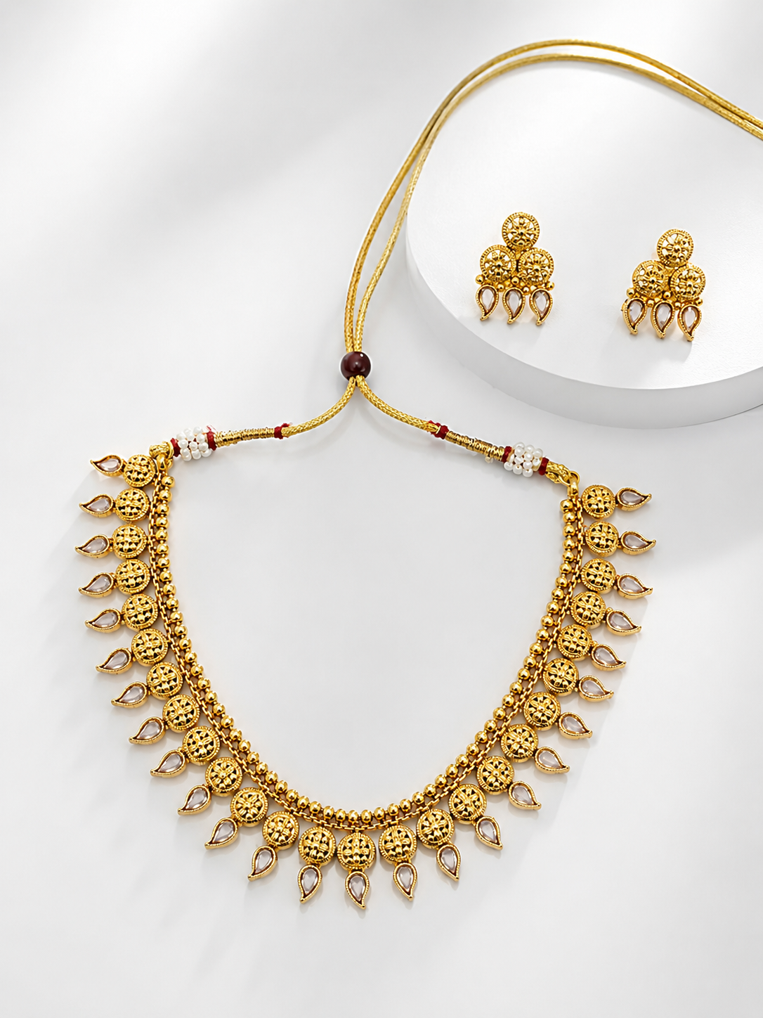 Traditional Gold Finish Temple Necklace Set with Matching Earrings