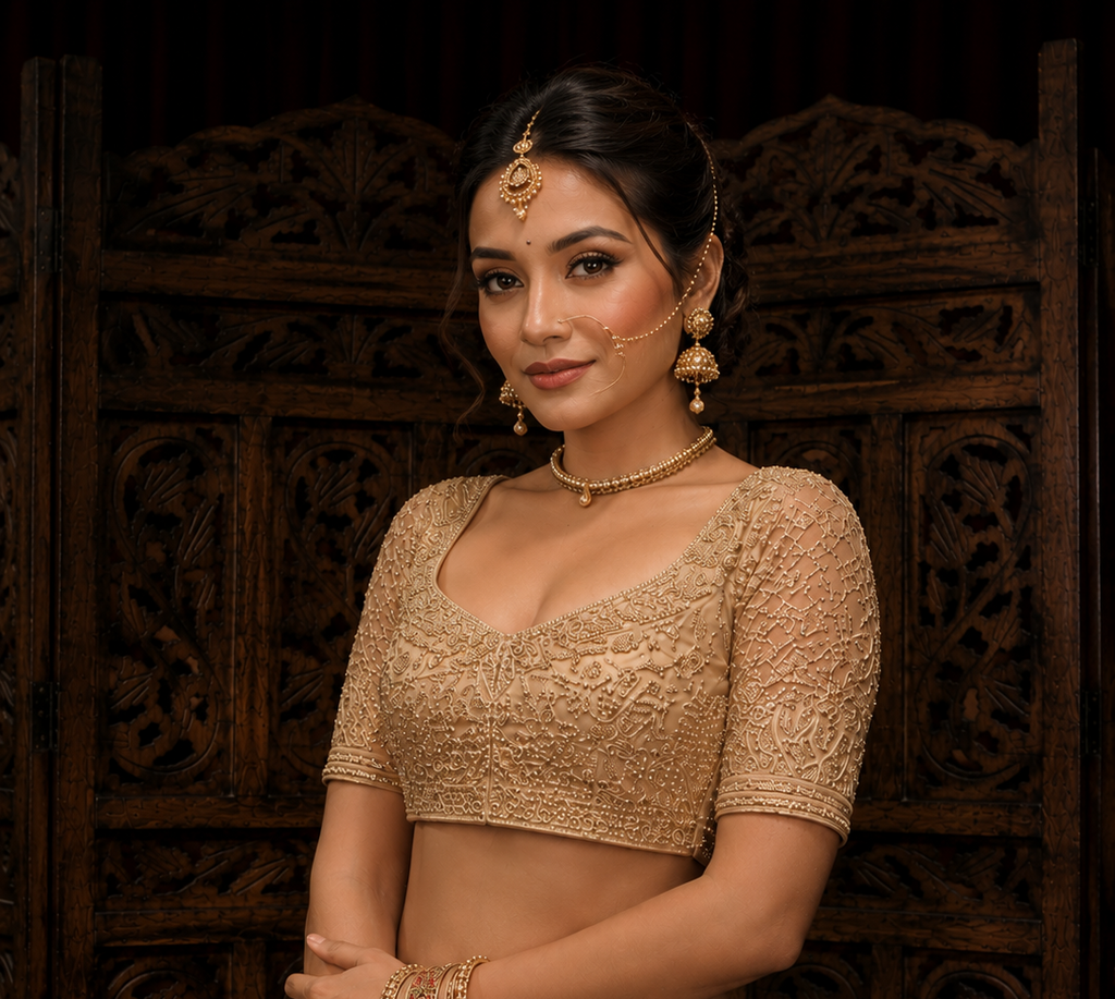 Champagne Gold Designer Bridal Blouse | Heavy Hand-Embroidered Sequins & Zari Work