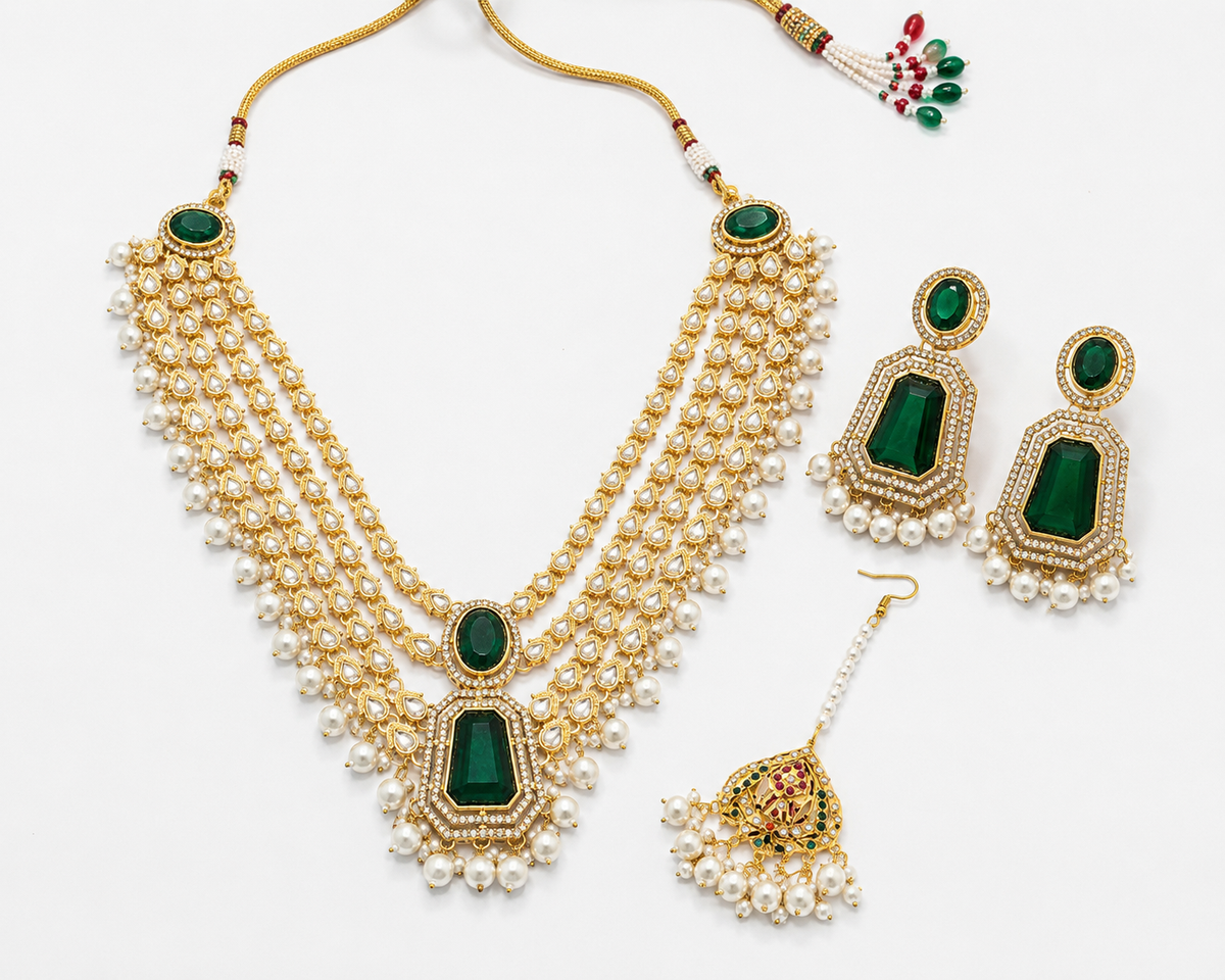 Emerald Green Kundan Bridal Jewellery Set with Earrings & Nose Pin