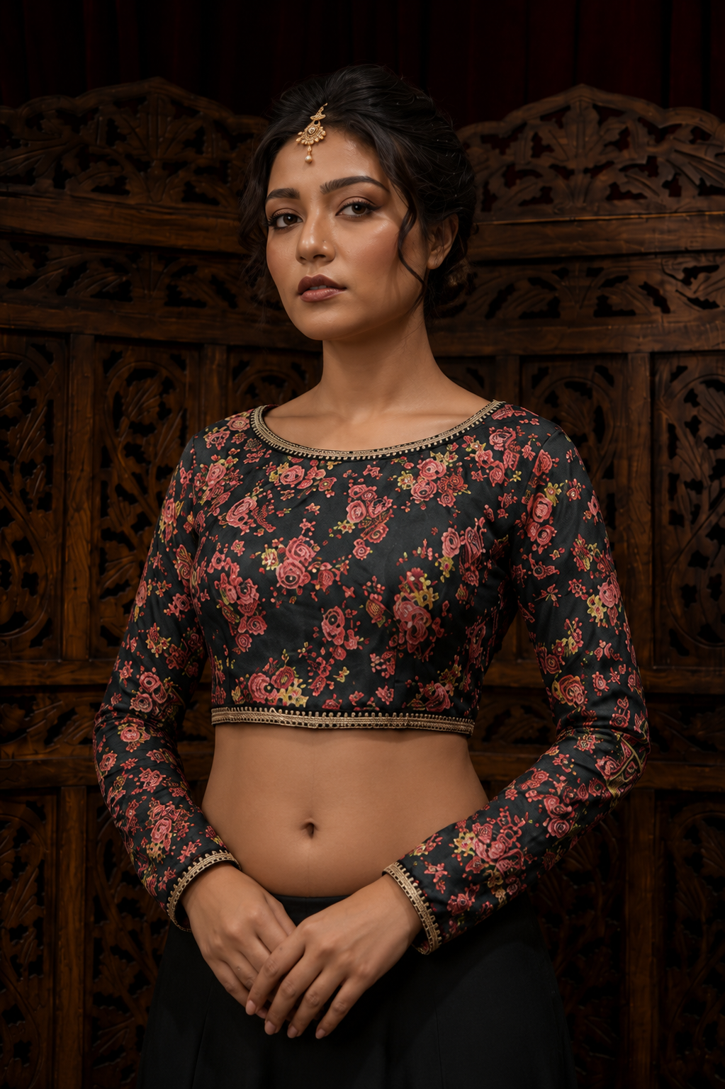 Floral Printed Blouse with Mustard Yellow Lehenga Set