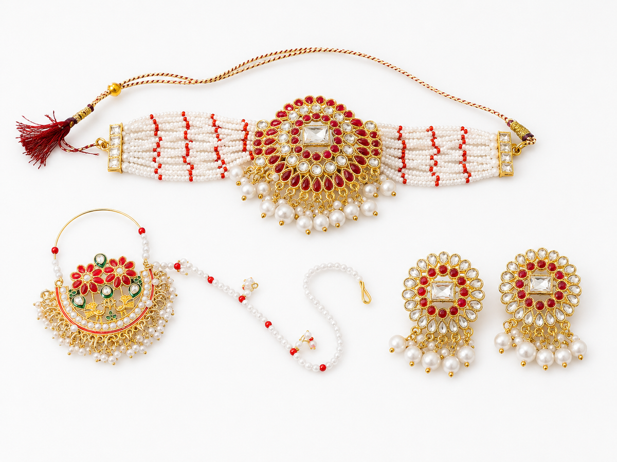 Traditional Kundan Choker Jewellery Set with Nath & Earrings | Bridal Jewellery Rental