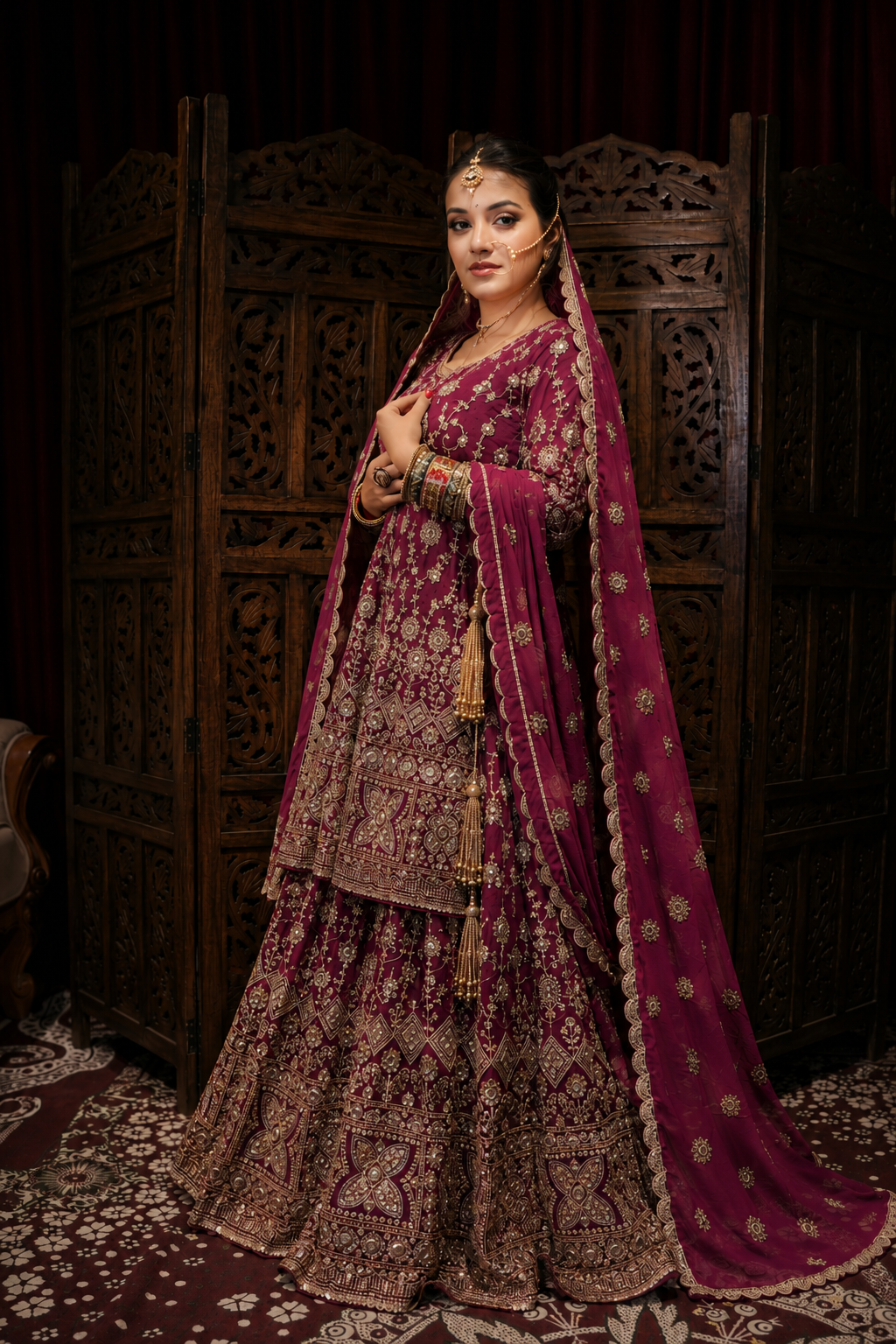 Luxury Wine Hand-Embroidered Bridal Sharara with Zardozi & Hand Work (Rental)