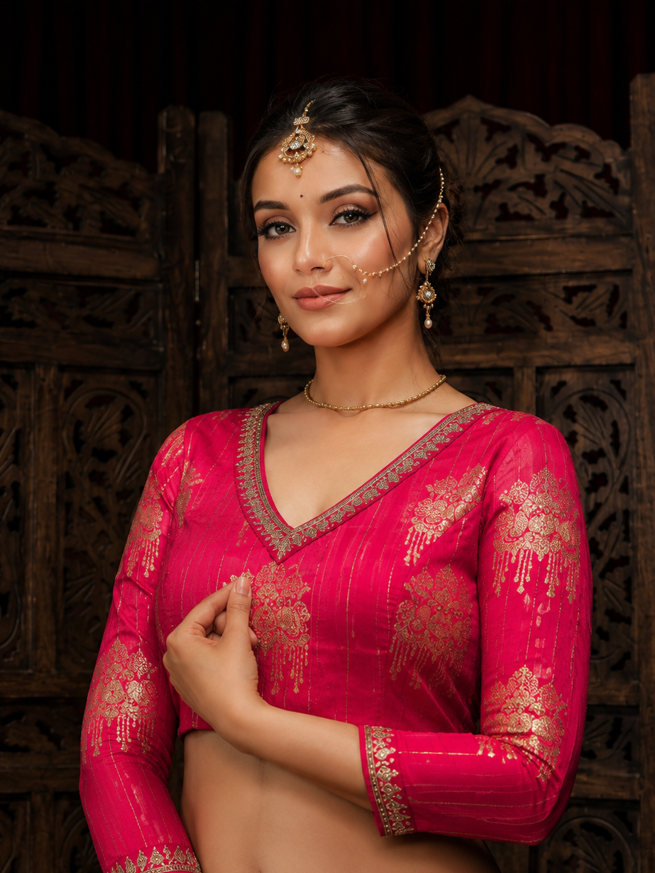 Rani Pink Banarasi Jacquard V-Neck Blouse for Women | Festive & Bridal Wear