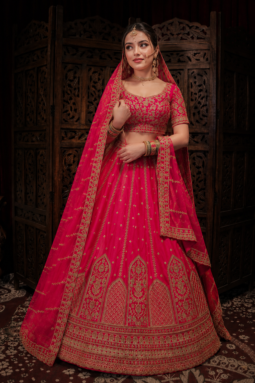Rani Pink Premium Silk Bridal Lehenga Set with Heavy Zari & Thread Embroidery