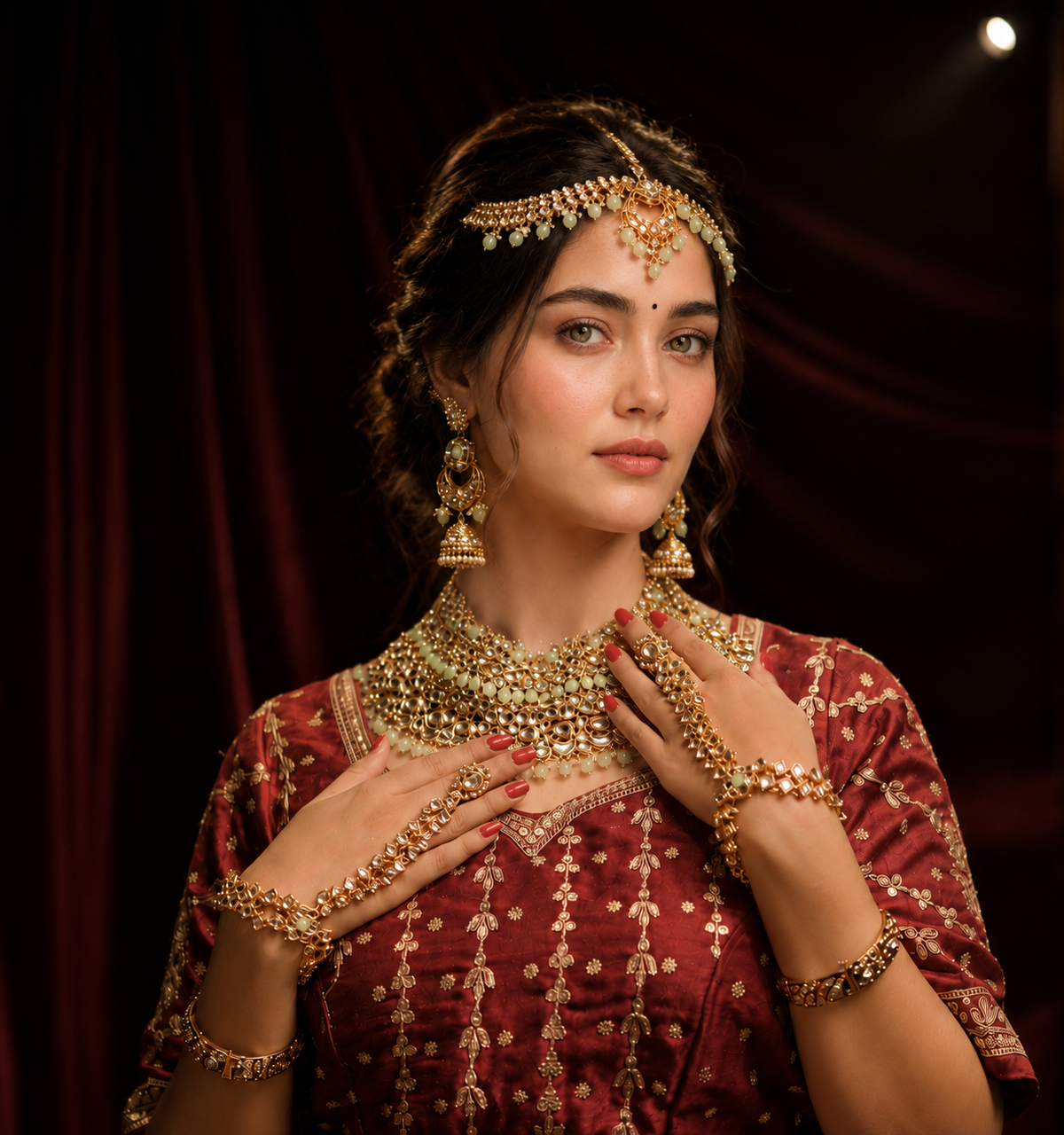 Royal Kundan & Mint Beads Bridal Jewelry Set – Necklace, Earrings, Maang Tikka, Haath Phool & Bracelet