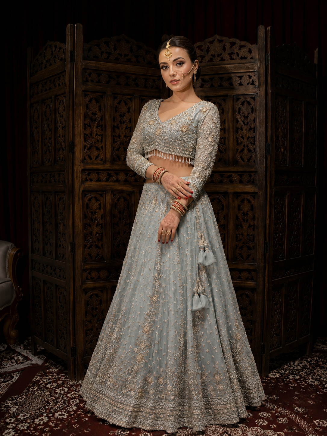 Ice Blue Heavy Embroidered Net Anarkali Gown Set with Dupatta | Luxury Bridal & Reception Wear