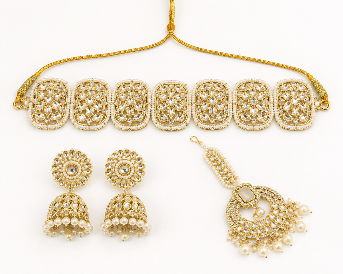 Kundan Choker Jewellery Set with Jhumka Earrings & Maang Tikka | Rental