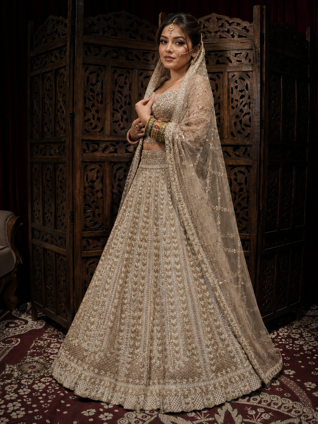 Champagne Gold Hand-Embroidered Bridal Lehenga Set with Dupatta