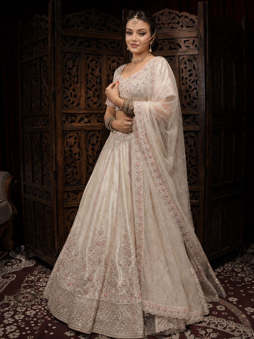 Ivory Pink Hand-Embroidered Bridal Lehenga Set with Floral Sequin Work & Net Dupatta