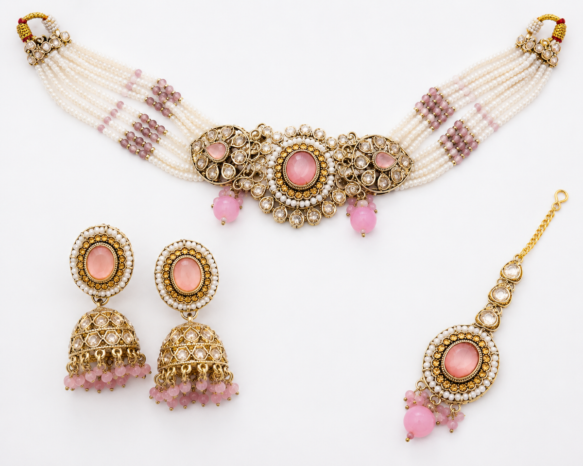 Blush Pink Kundan Bridal Jewellery Set with Pearl Strands – Rent