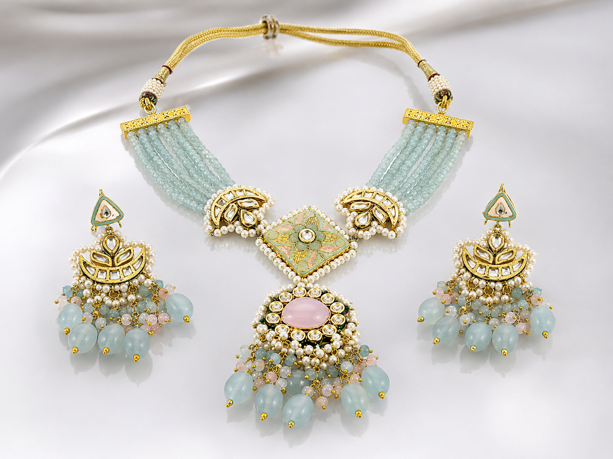 Pastel Kundan & Aqua Beaded Choker Set with Earrings