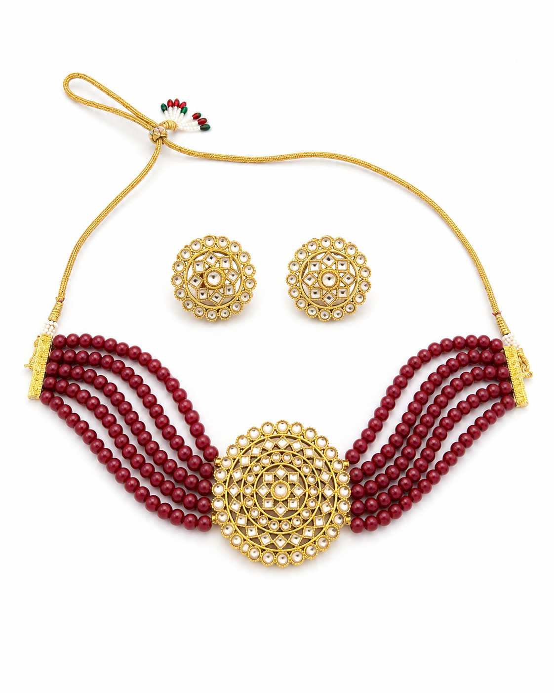 Royal Maroon Beaded Kundan Choker Set with Stud Earrings (Rental)