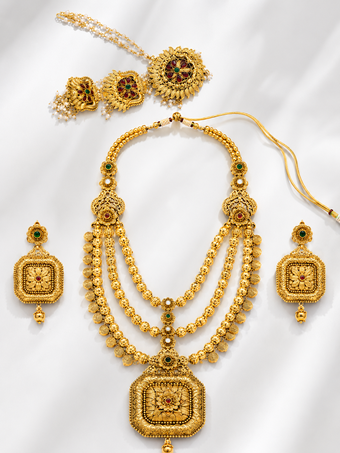 Premium Antique Gold Temple Jewellery Set with Matching Earrings & Maang Tikka