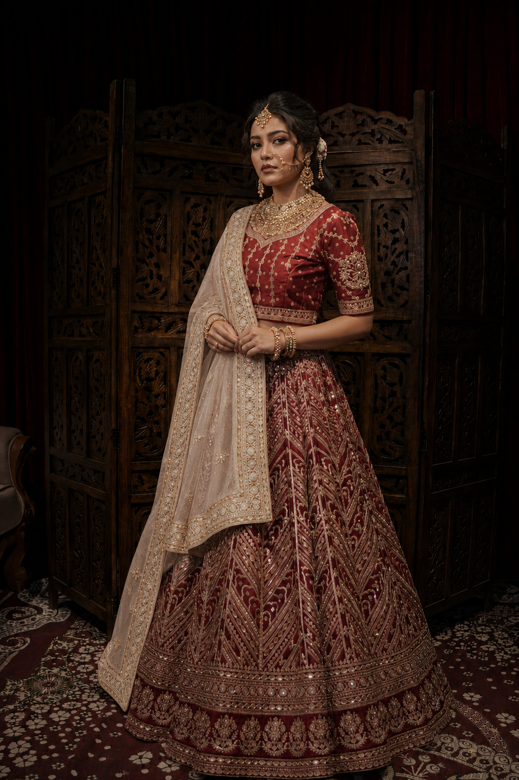 Bridal Embroidered Maroon Blouse with Gold Work (Rental)