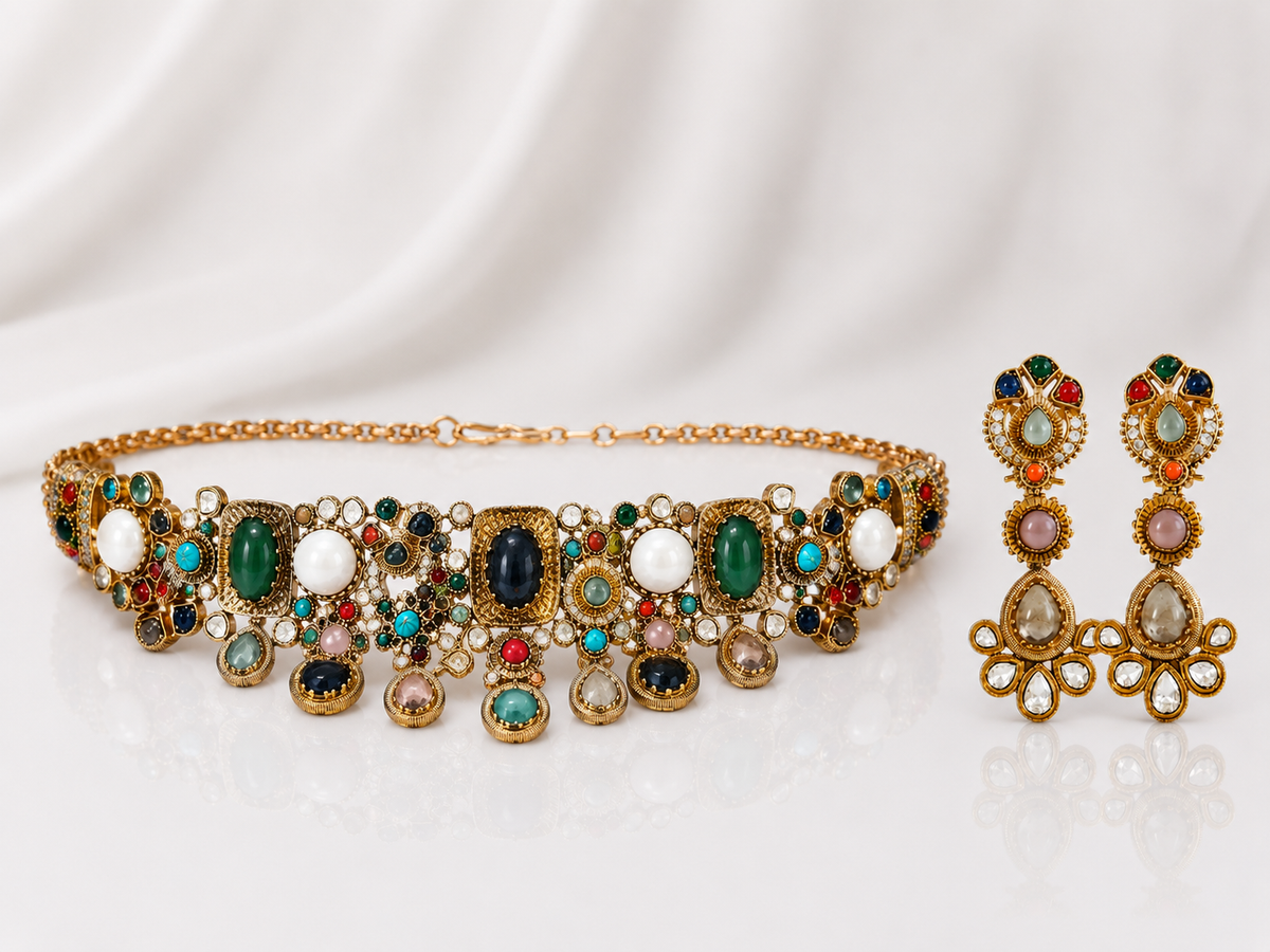 Royal Navratna Statement Necklace Set with Earrings | Bridal Jewellery Rental