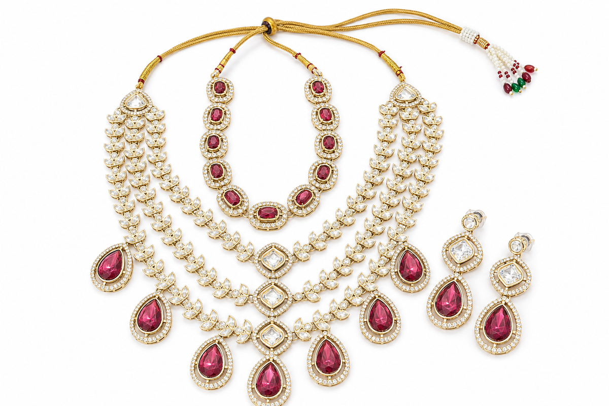 Luxury Ruby Kundan Bridal Necklace Set with Earrings