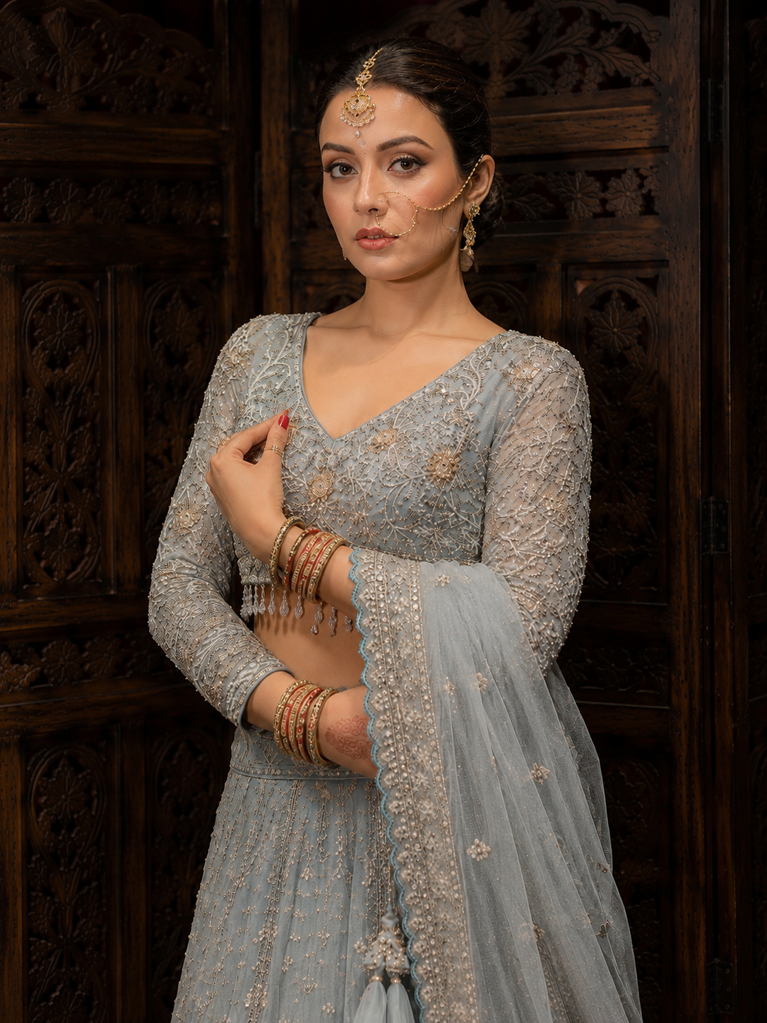 Ice Blue Heavy Embroidered Net Anarkali Gown Set with Dupatta | Luxury Bridal & Reception Wear