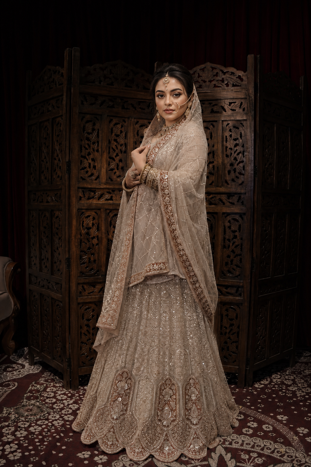 Champagne Beige Hand-Embroidered Bridal Lehenga Set