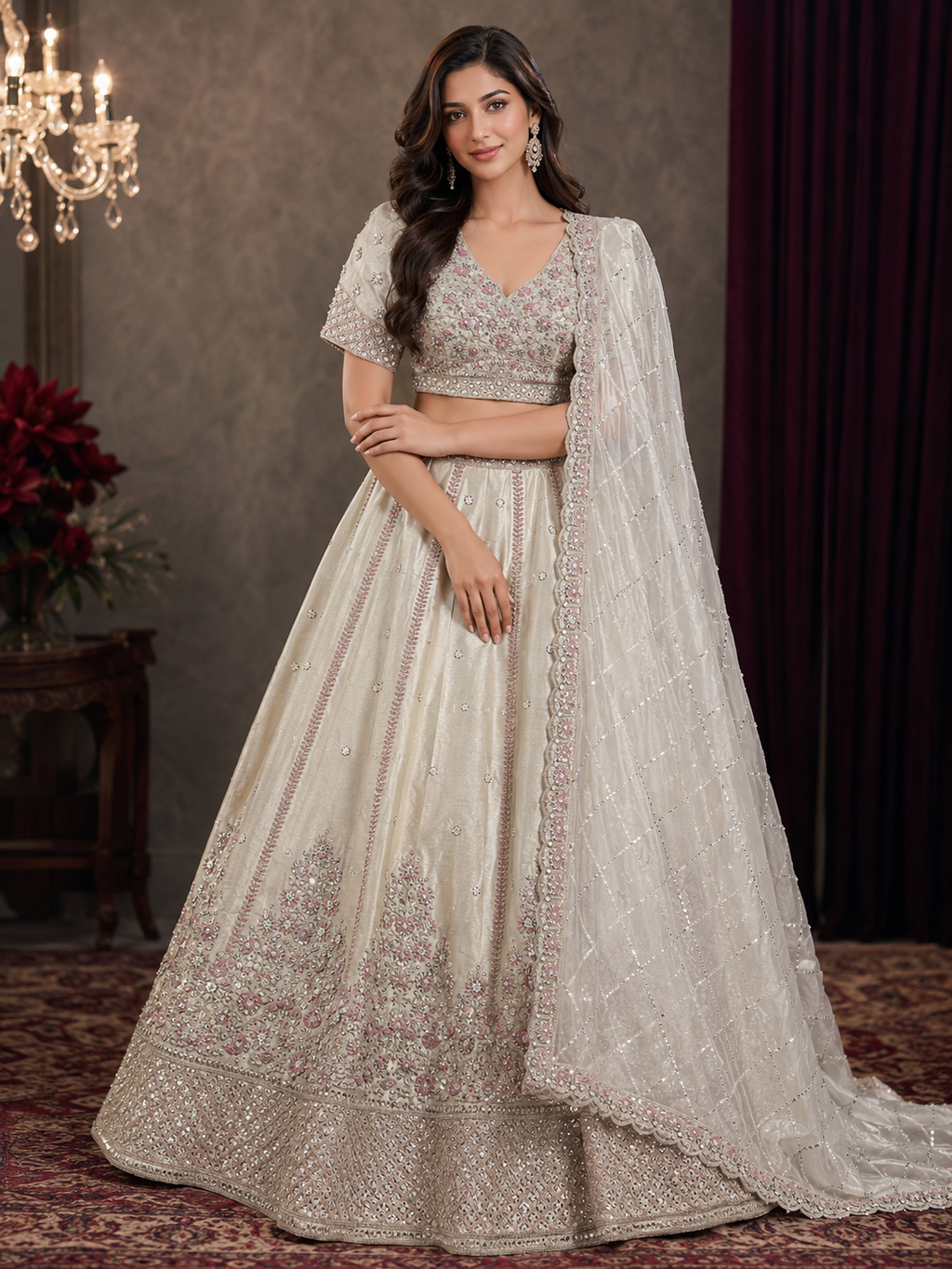 Ivory Pink Hand-Embroidered Bridal Lehenga Set with Floral Sequin Work & Net Dupatta