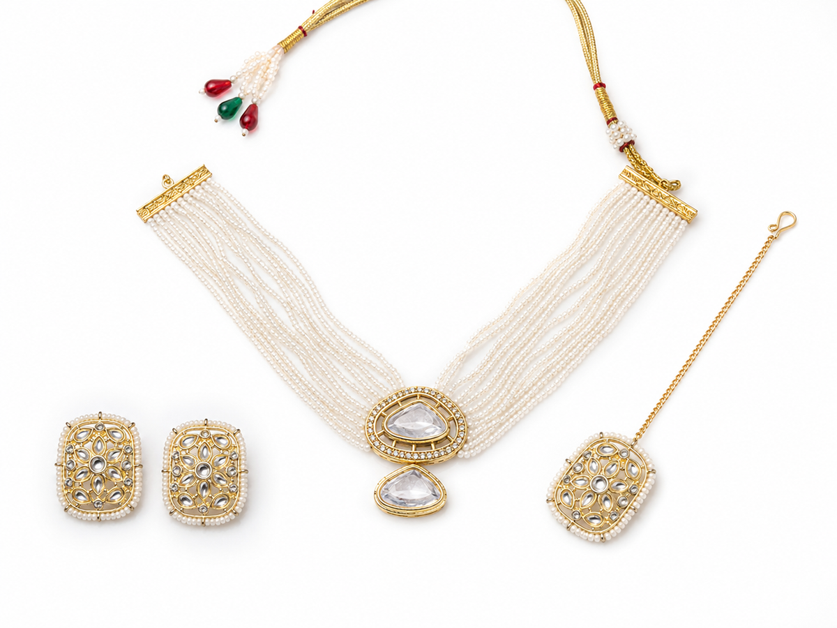 White Pearl Kundan Jewellery Set with Earrings & Maang Tikka | Bridal Rental