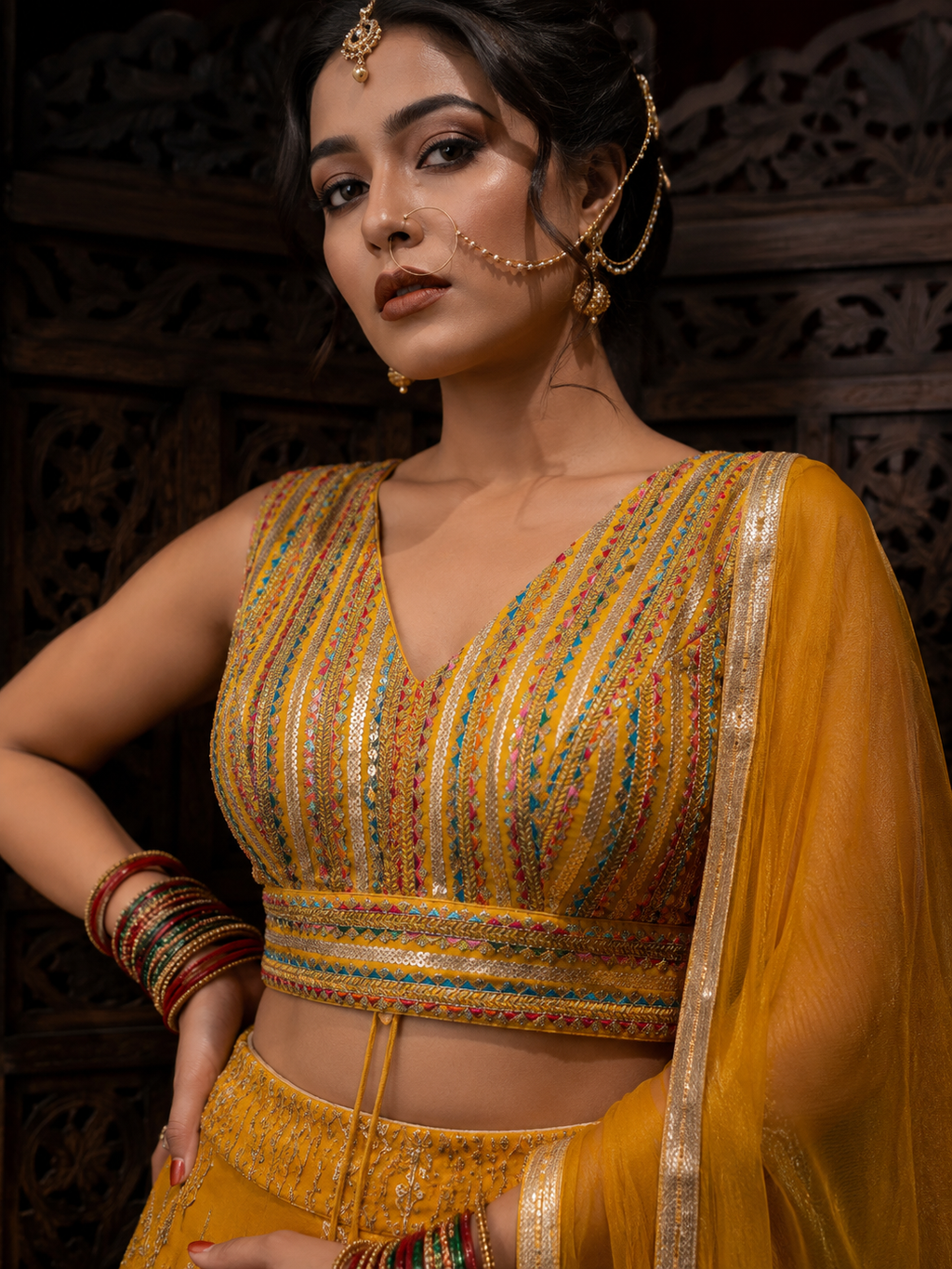 Mustard Yellow Designer Lehenga Set with Embroidered Blouse & Soft Net Dupatta (Rental)