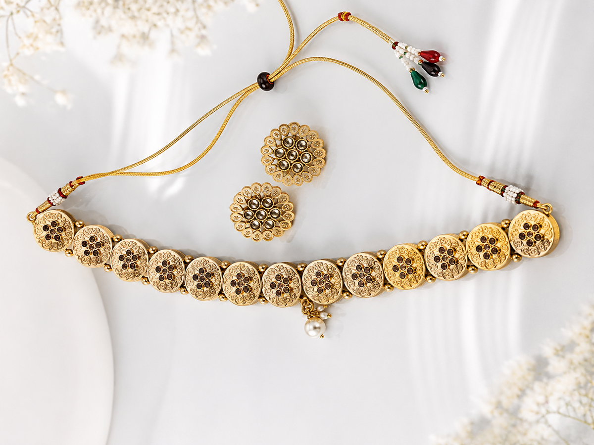 Traditional Antique Gold Floral Bracelet with Matching Stud Earrings | Adjustable Handcrafted Jewellery Set