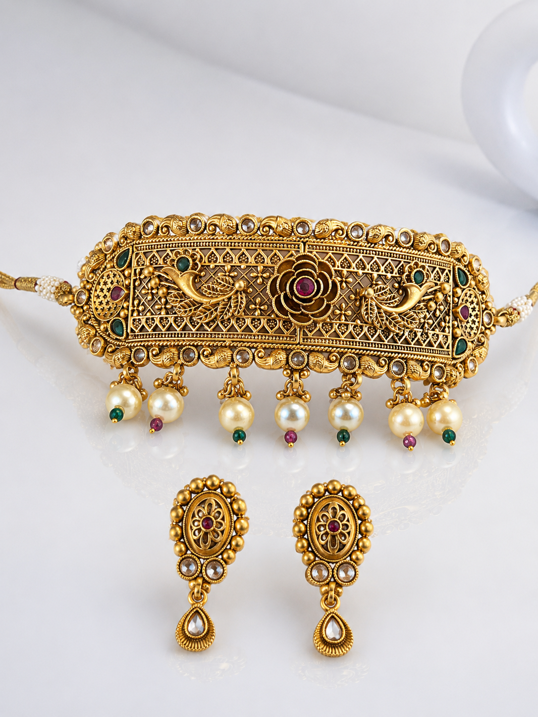 Antique Gold Peacock Floral Choker Set with Pearl Drops & Matching Earrings
