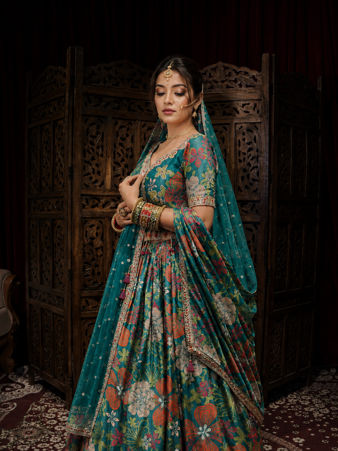 Teal Floral Printed Embellished Designer Blouse for Women | Festive & Wedding Wear