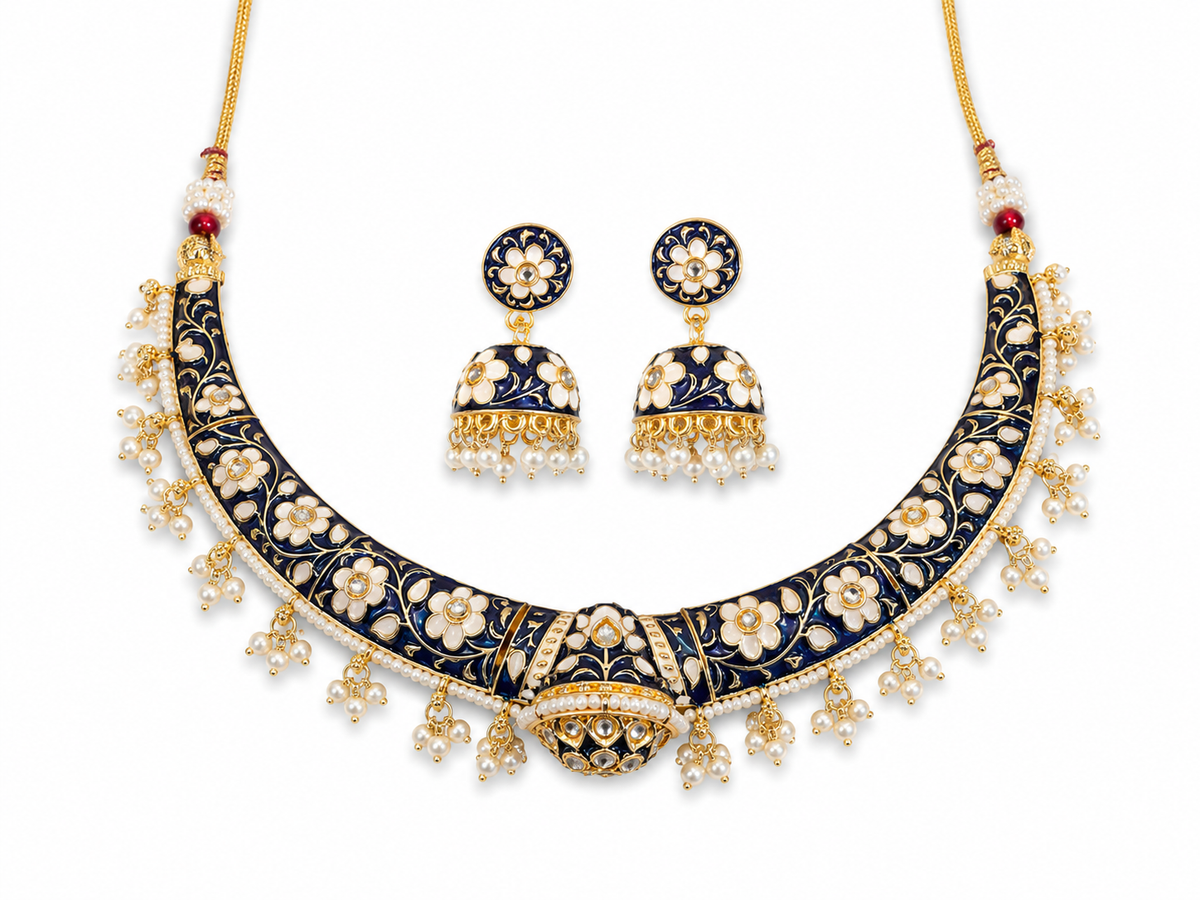 Navy Blue Floral Meenakari Necklace Set with Pearl Jhumka Earrings