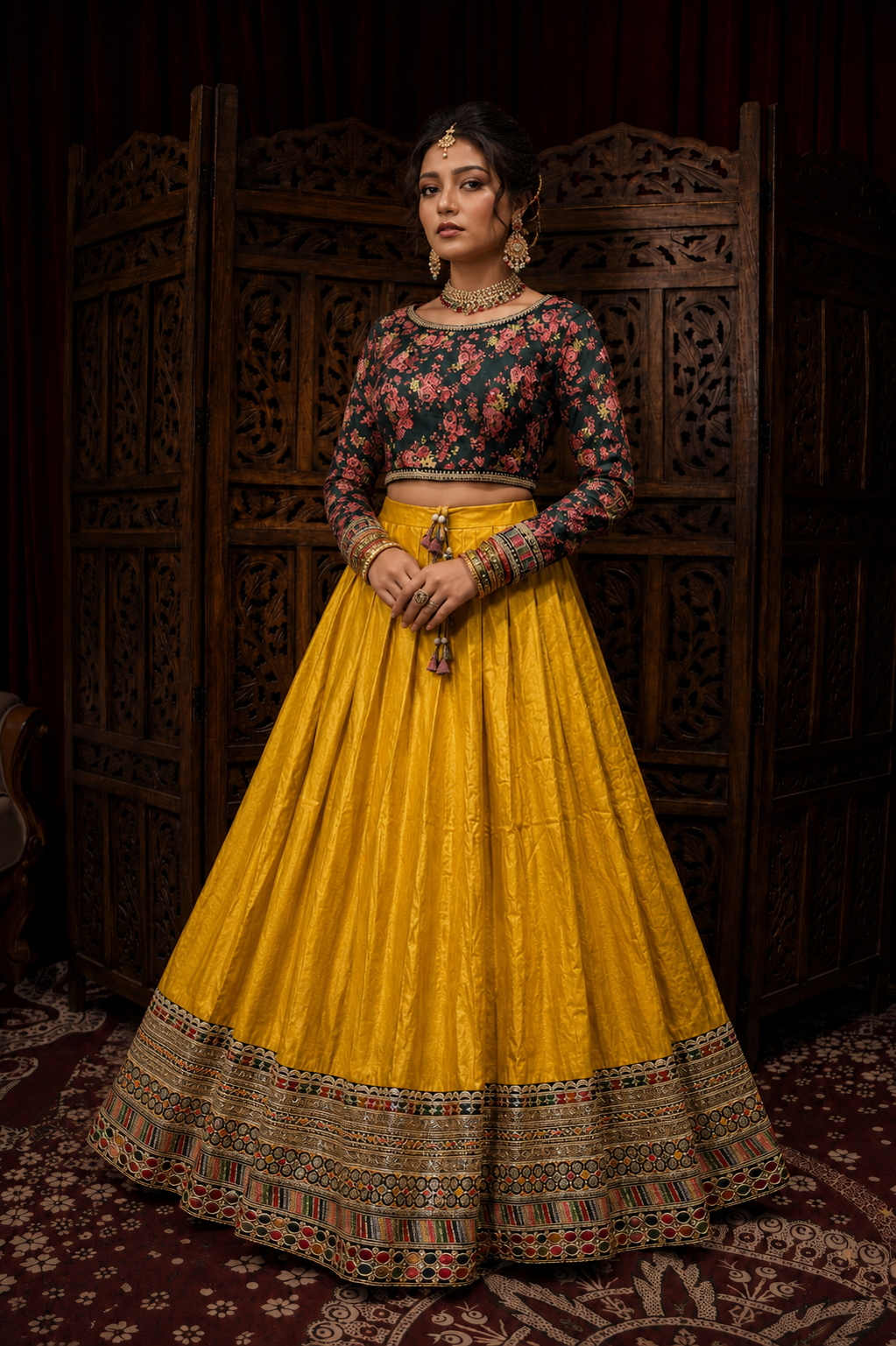 Floral Printed Blouse with Mustard Yellow Lehenga Set
