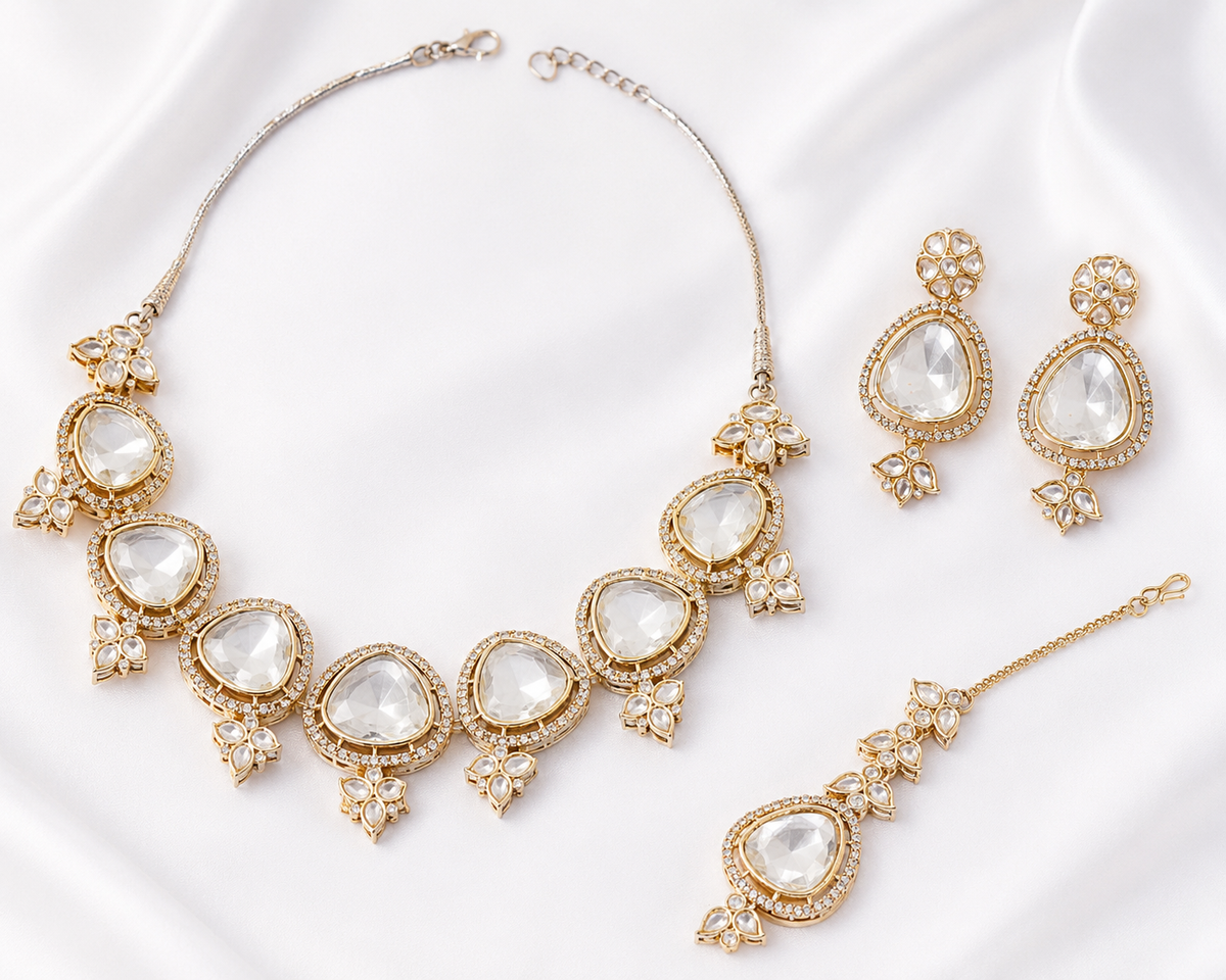 Royal Kundan Bridal Jewellery Set (Necklace + Earrings + Maang Tikka) – Rental