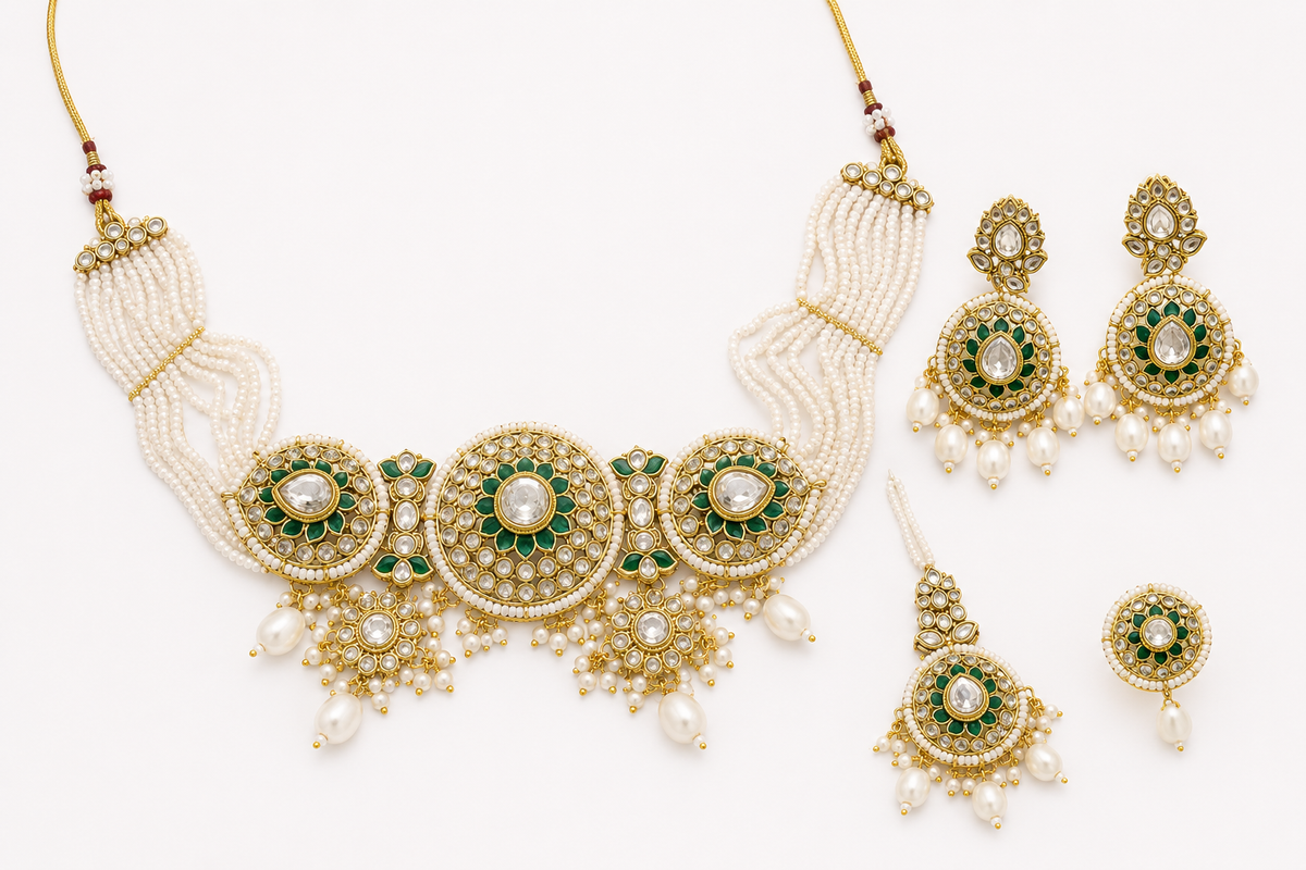 Royal Kundan Pearl Bridal Jewellery Set (Necklace, Earrings, Maang Tikka & Nose Ring) – Rental