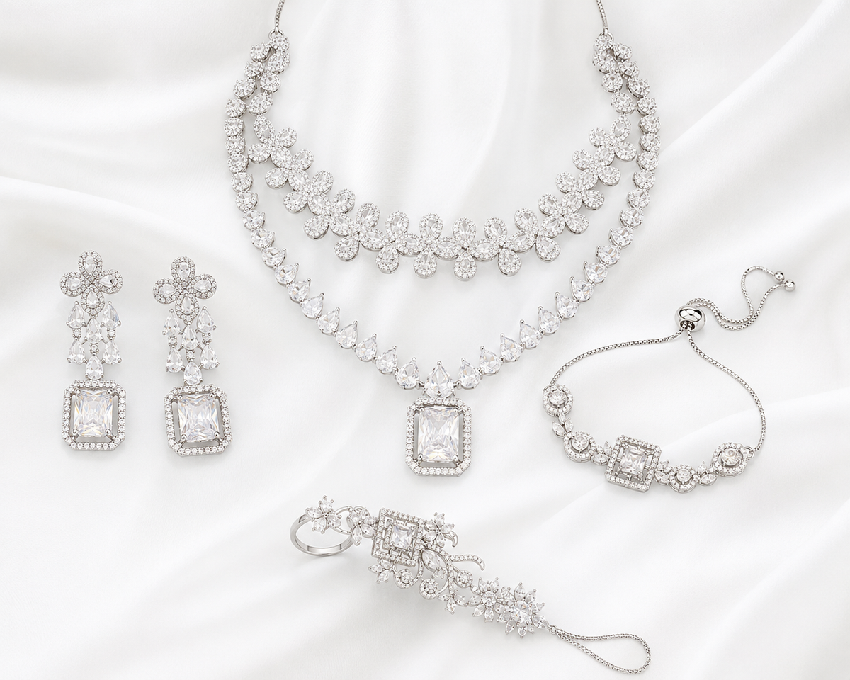 Luxury American Diamond Jewellery Set with Finger Band & Adjustable Bracelet | Rental Available