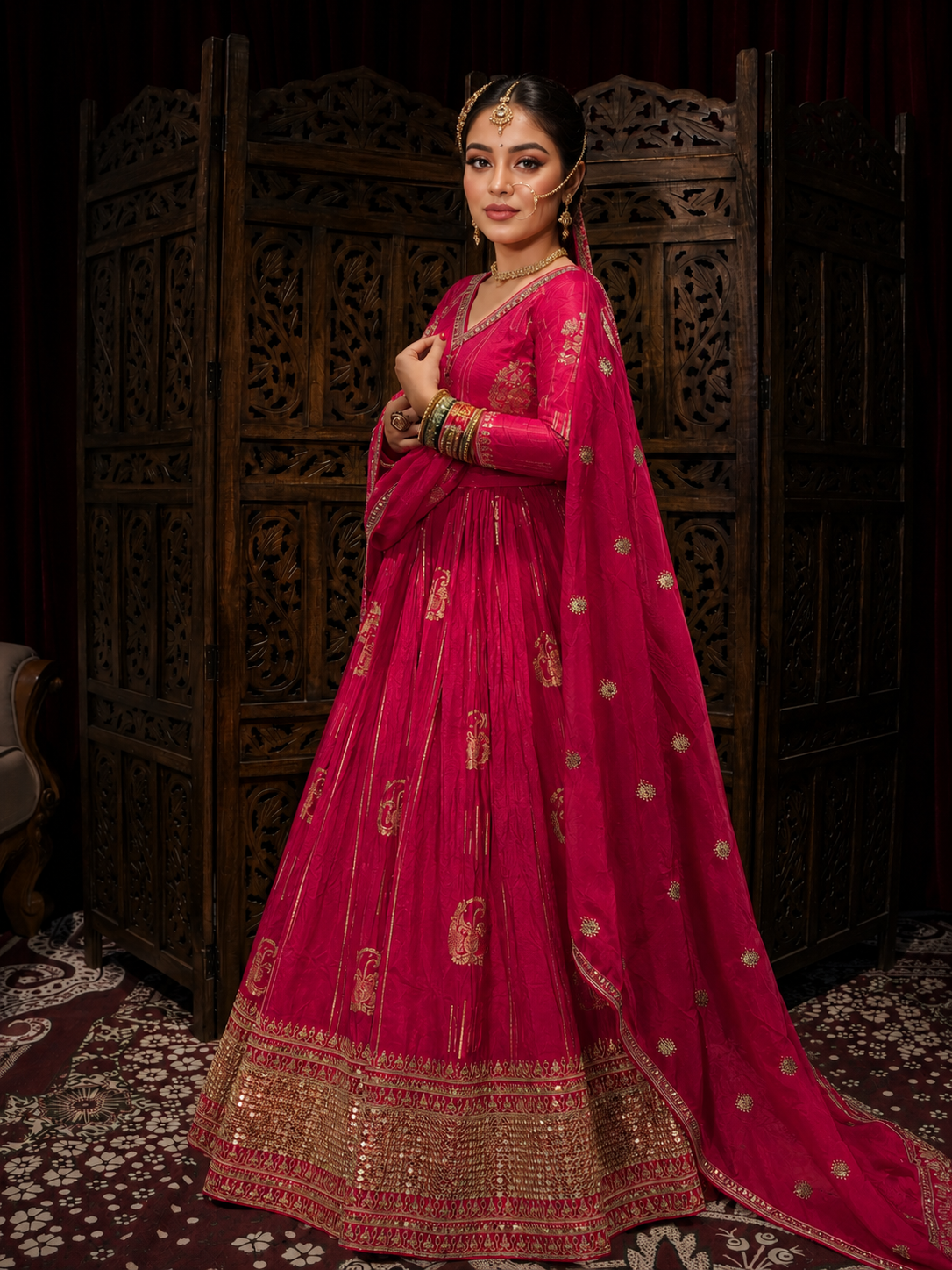 Rani Pink Banarasi Jacquard V-Neck Blouse for Women | Festive & Bridal Wear