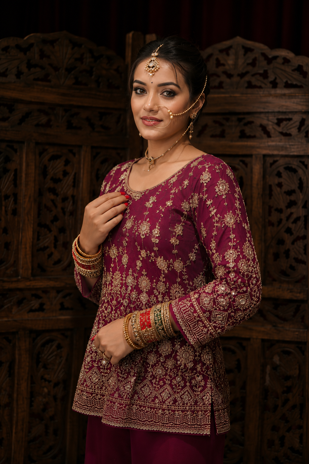 Luxury Wine Hand-Embroidered Bridal Sharara with Zardozi & Hand Work (Rental)