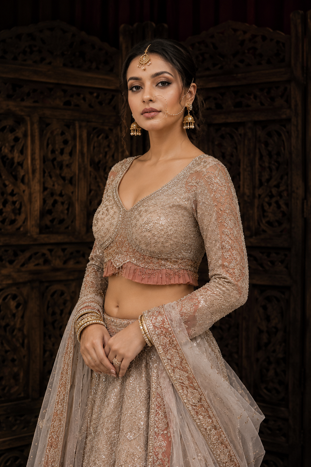 Champagne Beige Hand-Embroidered Bridal Lehenga Set
