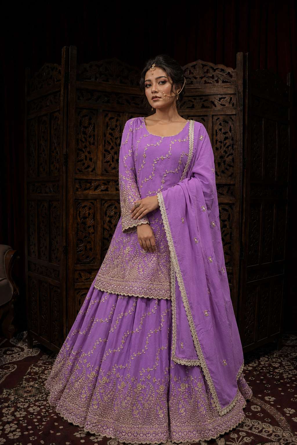 Lavender Purple Embroidered Sharara Set with Dupatta (Rental)