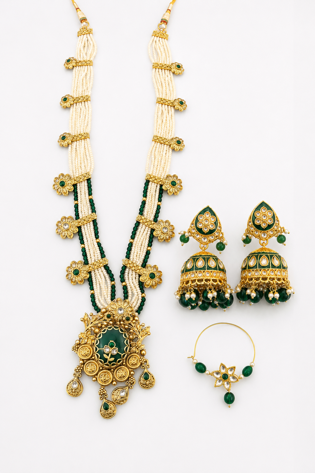 Emerald Green Traditional Kundan Necklace Set with Jhumka Earrings & Nose Ring