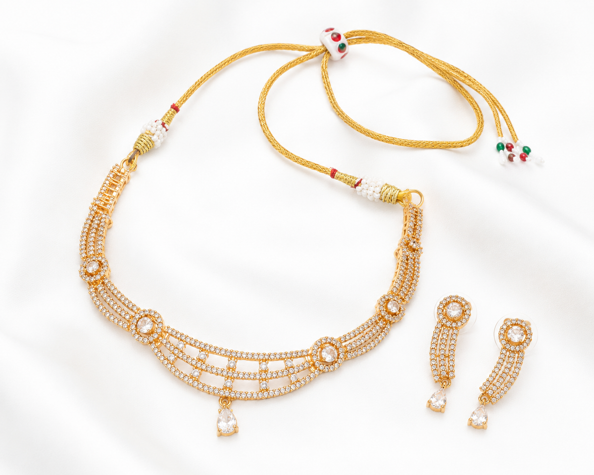Luxury CZ Gold-Plated Necklace & Earrings Set | Bridal Jewellery | Rent Available