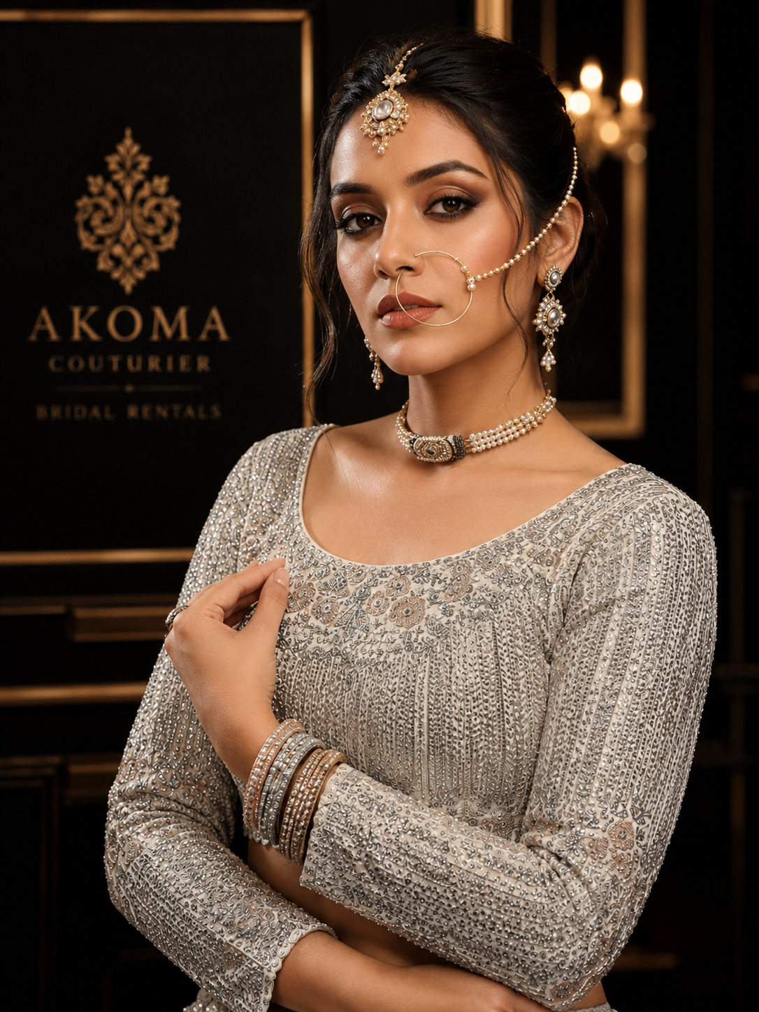 Ivory Silver Hand-Embroidered Bridal Lehenga Set with Full-Sleeve Blouse & Net Dupatta