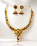 Antique Gold-Tone Temple Necklace Set with Ruby Stone & Jhumka Earrings