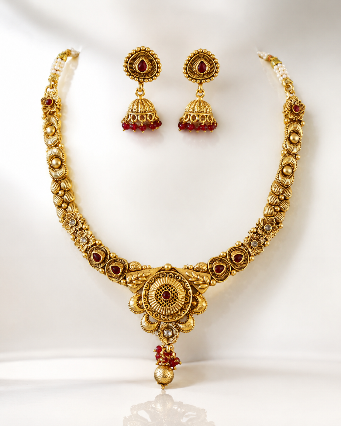 Antique Gold-Tone Temple Necklace Set with Ruby Stone & Jhumka Earrings