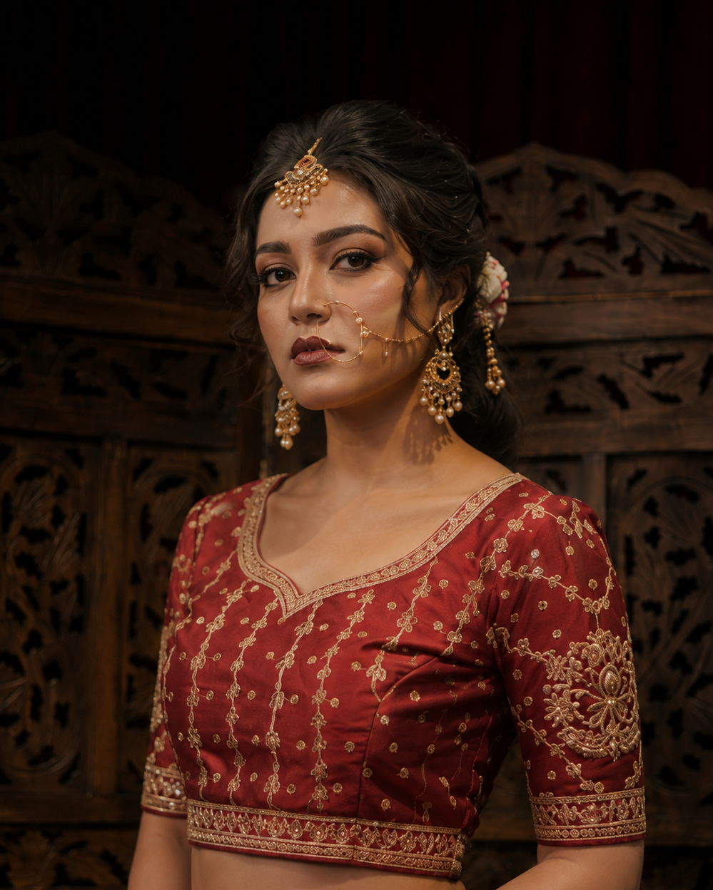 Bridal Embroidered Maroon Blouse with Gold Work (Rental)