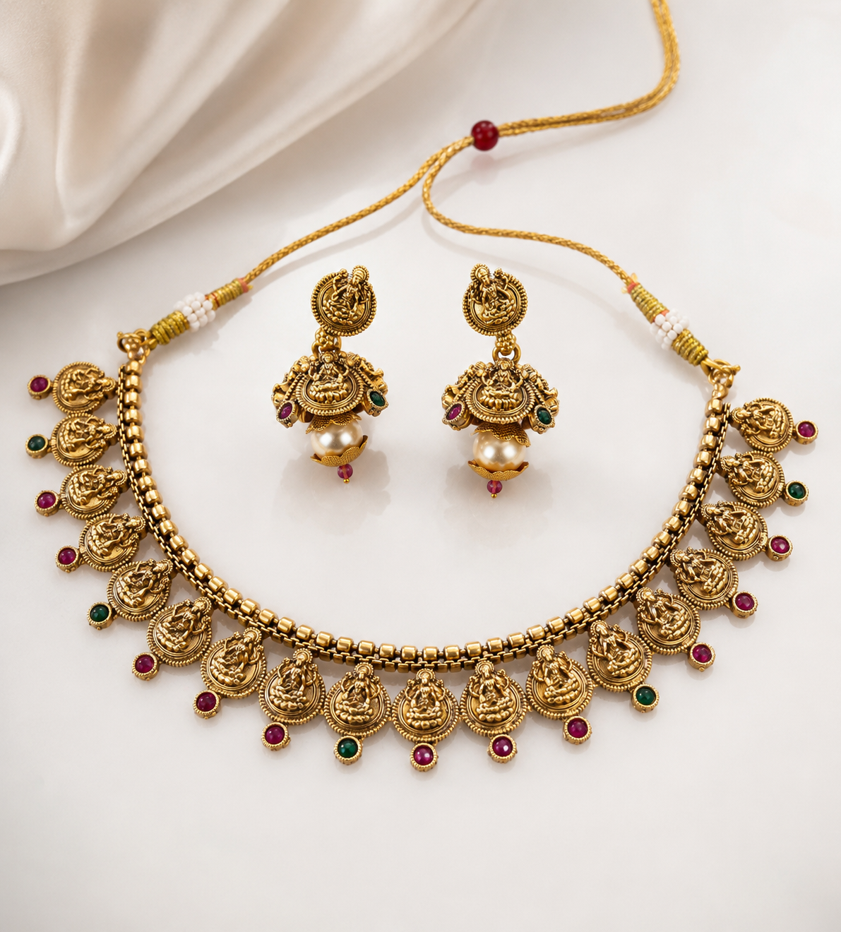 Antique Temple Lakshmi Choker Necklace Set with Jhumka Earrings