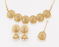 Antique Gold Pearl Statement Jewellery Set (Necklace + Jhumka Earrings + Maang Tikka) | Rent
