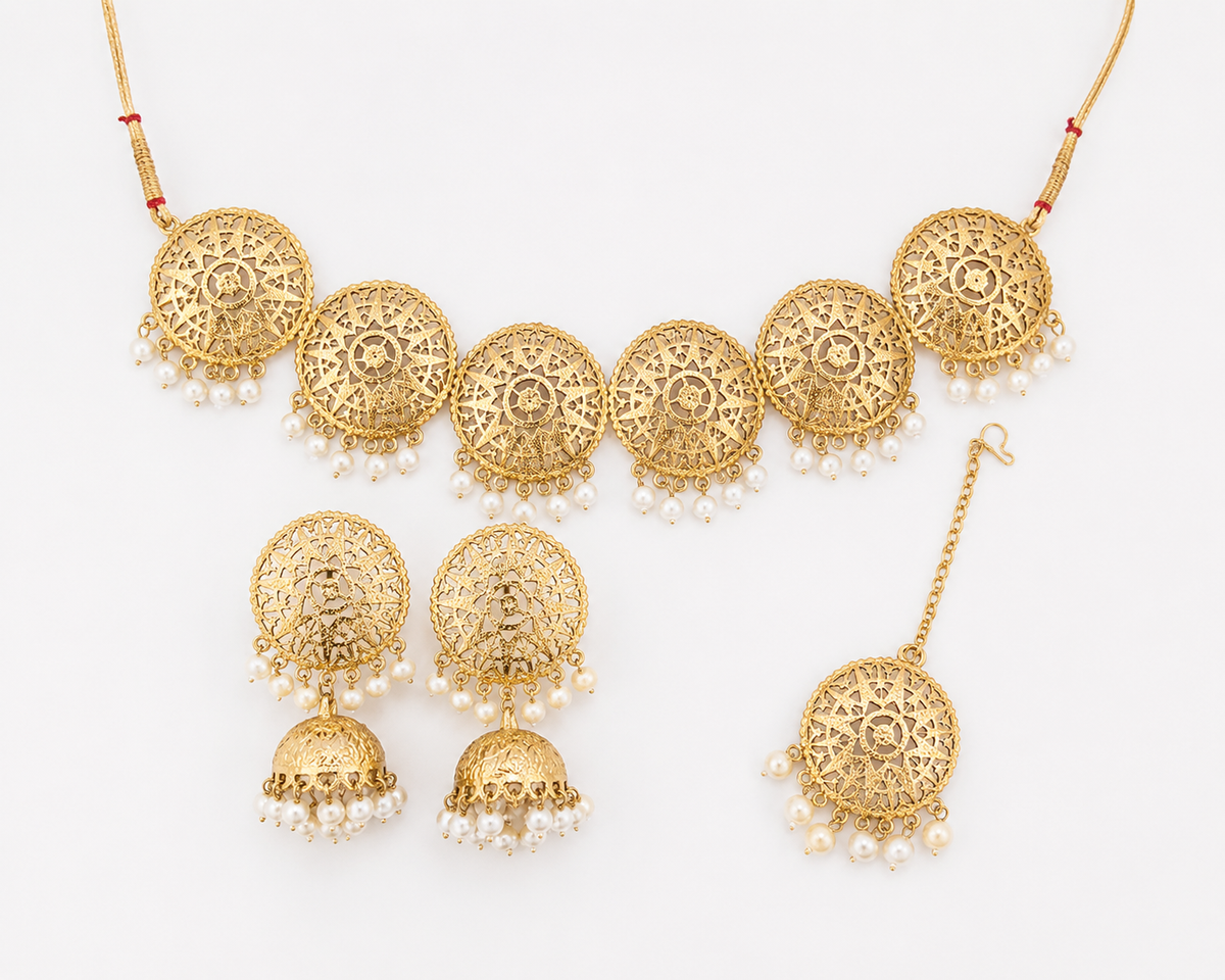 Antique Gold Pearl Statement Jewellery Set (Necklace + Jhumka Earrings + Maang Tikka) | Rent