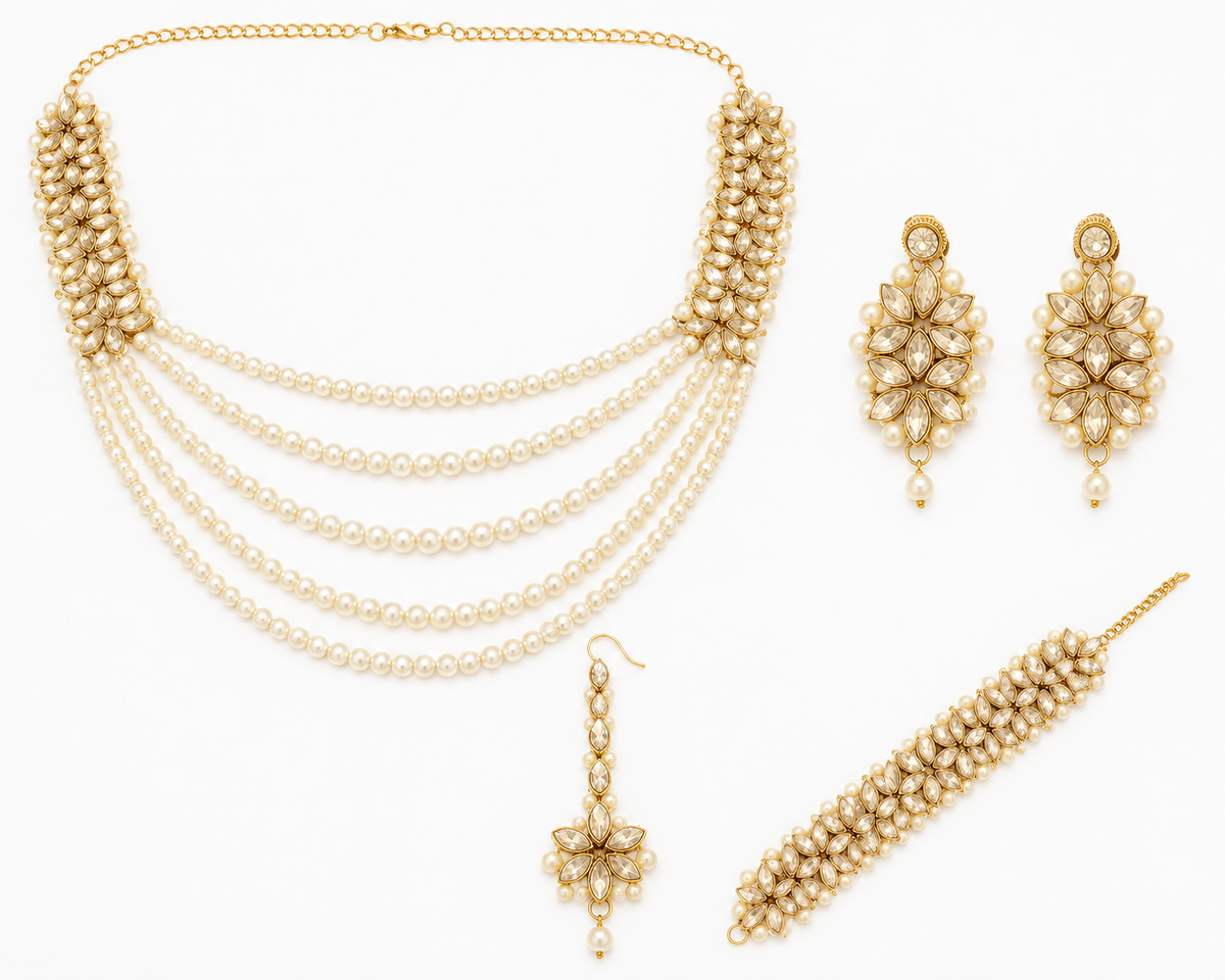 Premium Kundan Pearl Bridal Jewellery Set with Necklace, Earrings, Maang Tikka & Matha Patti (Rental Available)