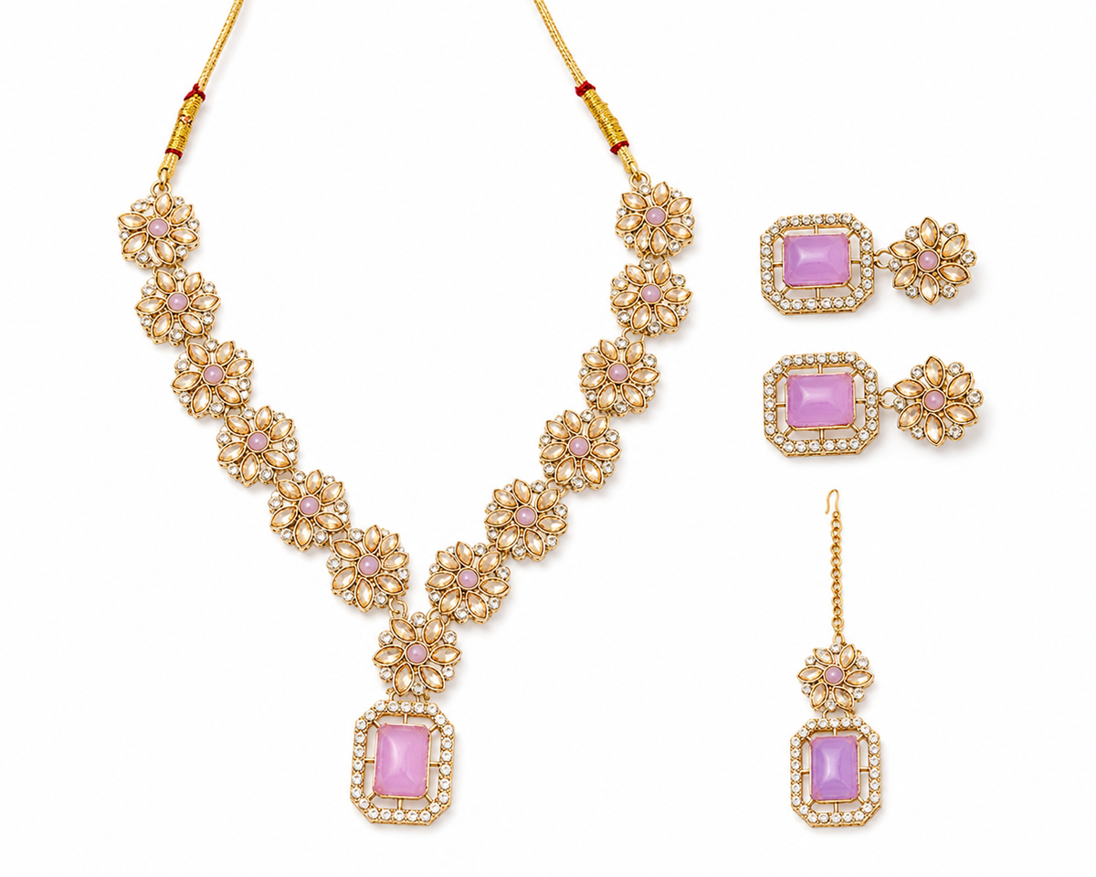 Lavender Floral Kundan Jewellery Set with Maang Tikka (Rental)