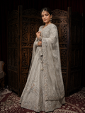 Ivory Silver Hand-Embroidered Bridal Lehenga Set with Full-Sleeve Blouse & Net Dupatta